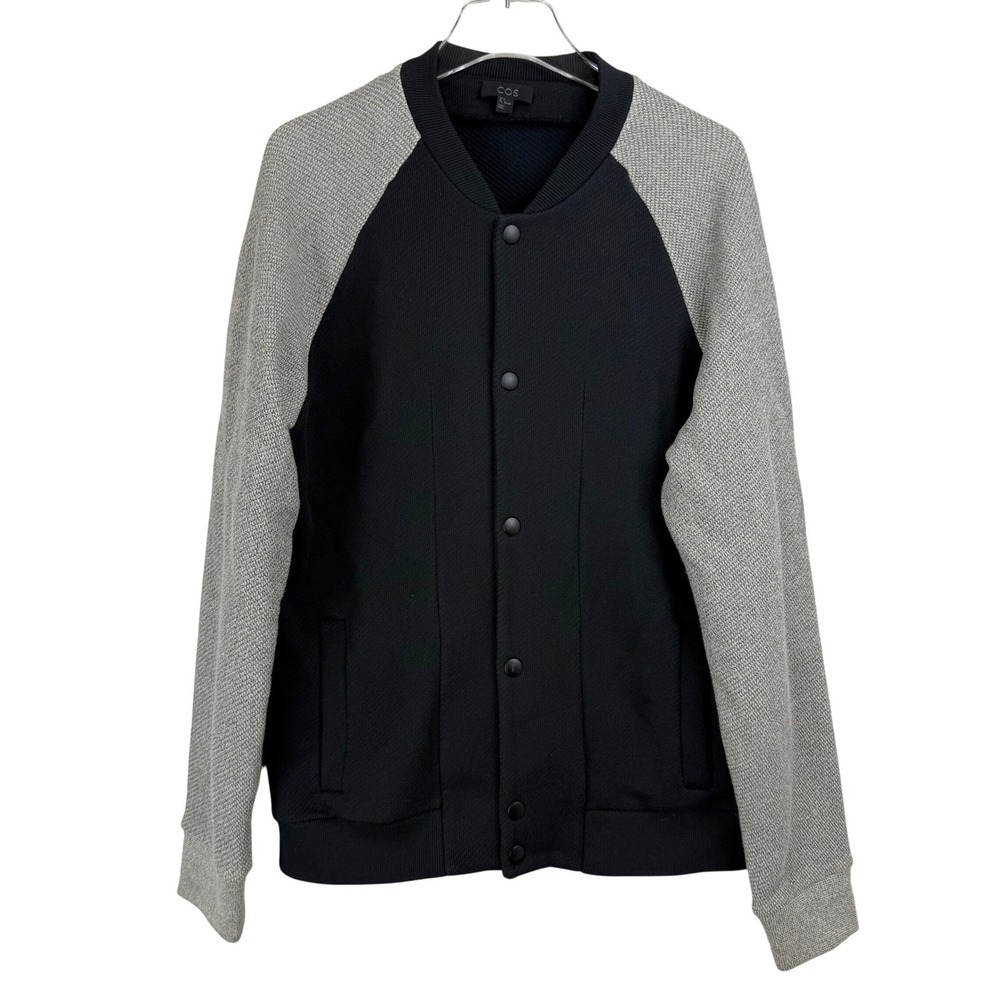 COS Men LARGE VARSITY Jacket Black Grey MELANGE COTTON BOMBER KNIT‎ SNAP
